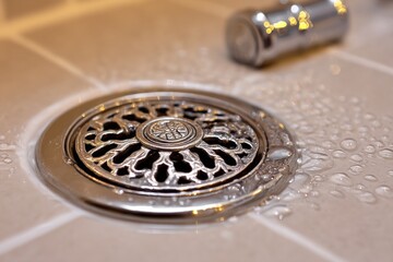 Obraz premium Water trickles into an intricate drain design in a contemporary bathroom, showcasing gleaming metal and tiled surroundings Generative AI