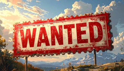 An old, weathered, red sign proclaiming "WANTED" stands prominently against a backdrop of scenic mountains.