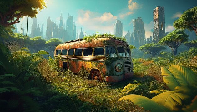 ruins overgrown by plants in foreground a old rusted bus in a city skyline generative ai
