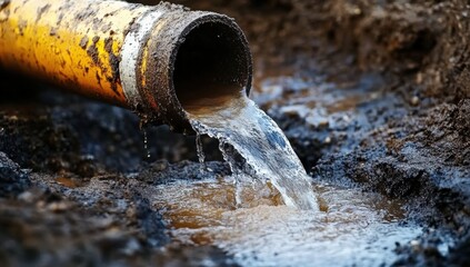 A yellow pipe discharges murky water into muddy soil, highlighting issues related to drainage and water management.