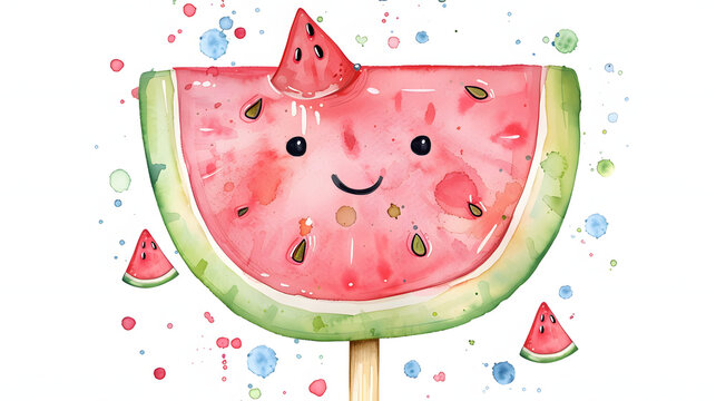 watercolor painting kawaii cute watermelon pop ice