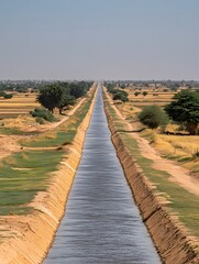 Fototapeta premium Tranquil Canal Flows Through Arid Landscape Under a Clear, Serene Sky