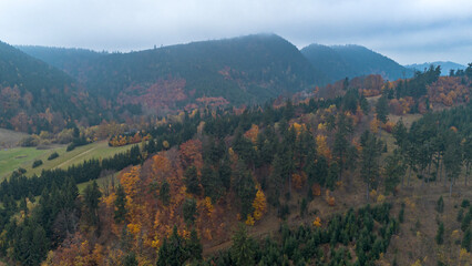 Mount Chelmec, Walbrzych Mountains and Sowie Mountains, autumn in the mountains, drone view, Poland