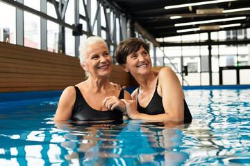 Mature women enjoying a relaxing moment together in a wellness center pool