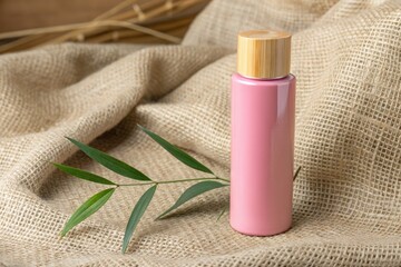 Elegant Pink Bottle With Bamboo Lid on Natural Fabric Backdrop