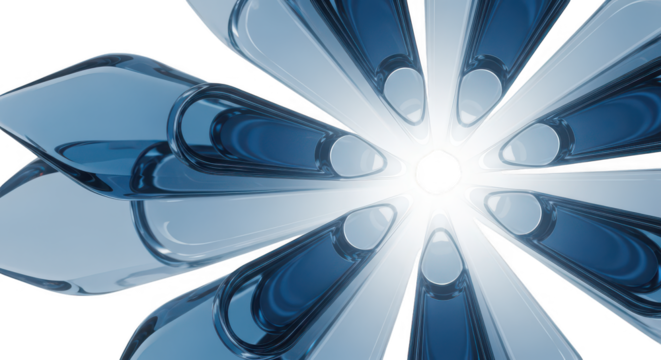 Abstract blue flower shape with bright light in center isolated on transparent background