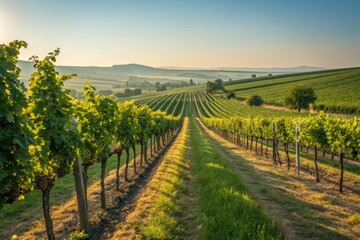 Naklejka premium Vineyard Landscape With Rows of Grapevines at Sunrise in the Countryside