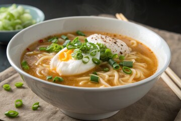 Delicious Bowl of Ramen With Poached Egg and Green Onions on a Table
