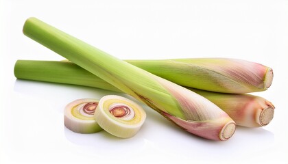 fresh lemongrass stalks and slices isolated on white background