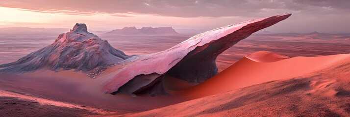 Striking desert landscape with dramatic rock formations and sand dunes under a pastel sky