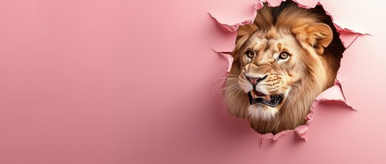 A majestic lion face emerges through a torn pink wall, eyes fierce and commanding. The image evokes power, wild beauty, and nature’s untamed spirit.