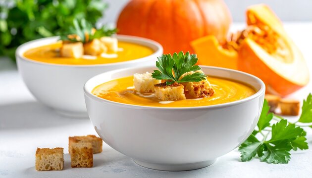 Two bowls of creamy pumpkin soup, garnished with crispy croutons and fresh parsley, are displayed on a light surface, showcasing a vibrant autumnal meal.