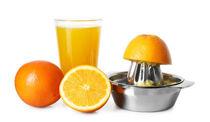 Freshly squeezed orange juice, fruits and juicer isolated on white