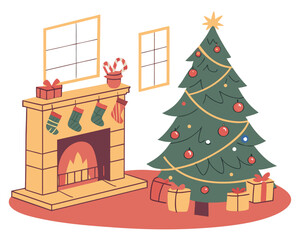 Fototapeta premium Cozy living room with fireplace, Christmas stockings hanging, decorated tree with gifts, warm winter home vector illustration