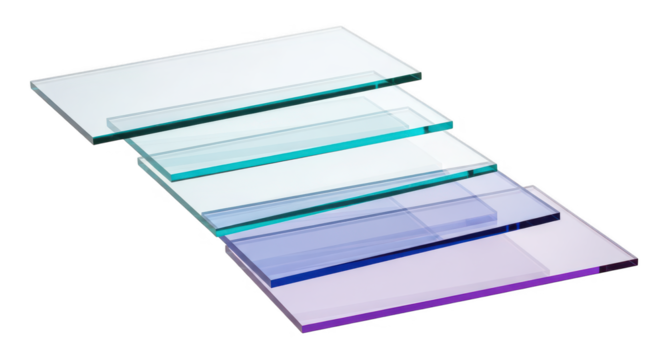 Stack of colored glass sheets isolated on transparent background
