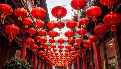 s of red lanterns hang from the ceiling of a building