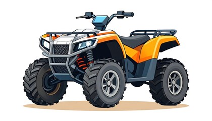 A vibrant illustration of an orange and white all-terrain vehicle, highlighting its robust design and large tires.