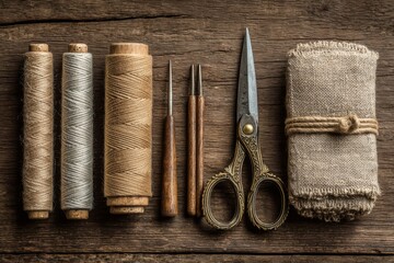 Various spools of thread, scissors, and sewing tools arranged on a wooden surface, highlighting the essentials for crafting projects Generative AI