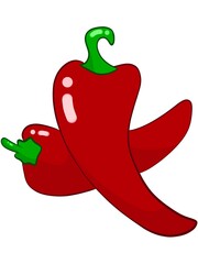 A pair of red chili peppers with green stems. Two spicy hot peppers food illustration