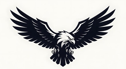 Black and White Eagle Emblem with Spread Wings on White Background