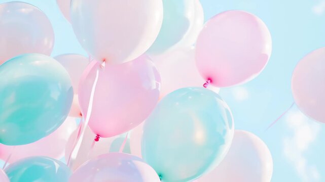 Group of pastel pink, blue, and white balloons floating upward in clear sky, symbolizing celebration, freedom, and lightness