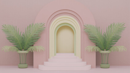 Fototapeta premium Pastel archway with palm fronds and steps pink