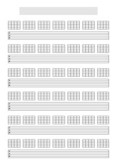 Blank Guitar (6 strings) tablature sheet template with chords blocks for each tab to write music. A4 format in portrait mode with a song title and artist name block at the top