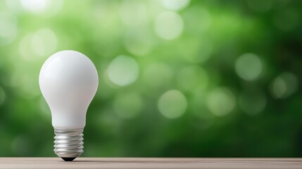 Light Bulb on Wooden Surface with Green Bokeh Background for Inspiration