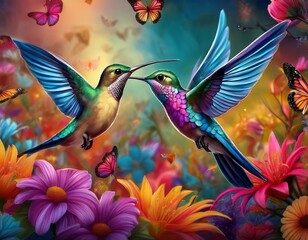 Fototapeta premium two vibrant hummingbirds in flight amidst colorful butterflies and flowers
