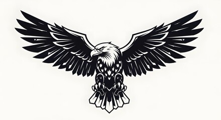 Black and White Eagle Illustration with Spread Wings on White Background