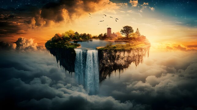 A surreal floating island with a waterfall castle ruins trees and a lake amidst dramatic clouds and sunset sky - Powered by Adobe