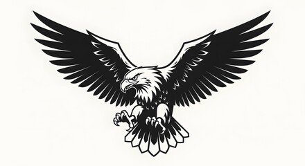 Black and White Eagle Illustration with Outstretched Wings on White Background