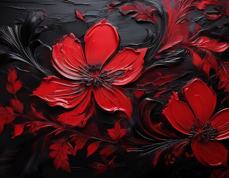 paint scraped on with a palette knife black and red floral pattern generative ai