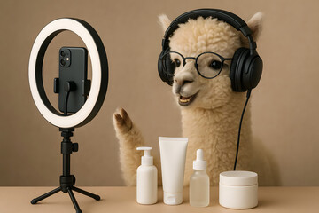Funny alpaca influencer with headphones recording skincare tutorial on smartphone