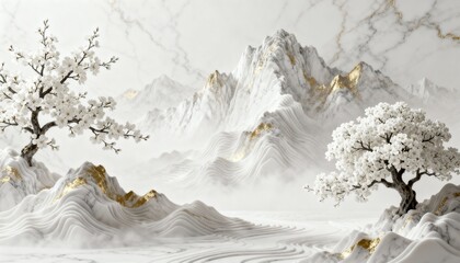 Serene Mountain Landscape: A breathtaking, photorealistic, mountain landscape featuring delicate white flowering trees set against a backdrop of towering peaks adorned with touches of gold.
