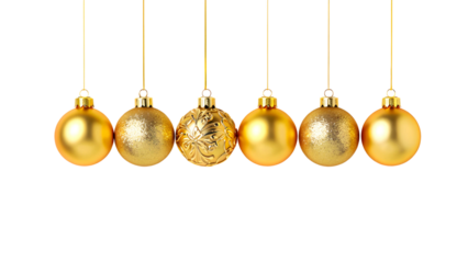Six golden christmas ornaments hanging in a row against a dark background