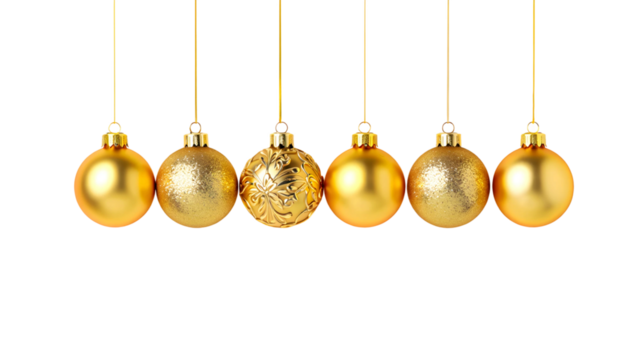 Six golden christmas ornaments hanging in a row against a dark background