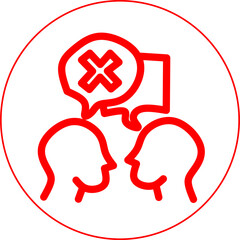 Red icon of two people with a speech bubble and cross mark, symbolizing disagreement, conflict, communication issue, argument, or misunderstanding in discussion.
