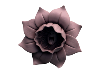 A surreal mauve-colored daffodil flower with a screaming human mouth in its center, isolated on a white background.