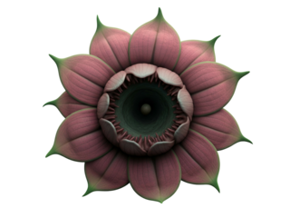 A close-up, top-down view of a stylized, alien-like flower with deep pink petals and a dark green center.