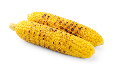 Two tasty grilled corncobs isolated on white