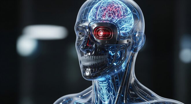 Futuristic cyborg head depicting advanced artificial intelligence and technological innovation in a digitally enhanced concept