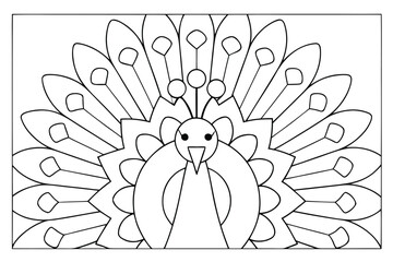 Outline drawing of a peacock with fanned tail feathers and simple facial features bird