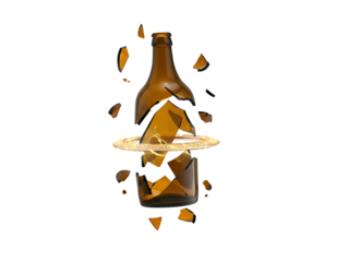 Exploding brown glass bottle with shattered pieces floating in mid-air on a white background.