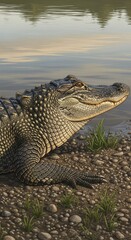 Obraz premium Detailed illustration of an American Alligator resting on a rocky riverbank with calm water reflections and green grass, showcasing its scaly texture and serene natural habitat.