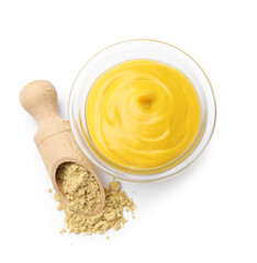 Tasty mustard sauce and powder isolated on white, top view
