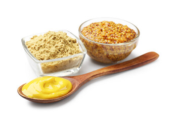 Different types of mustard isolated on white