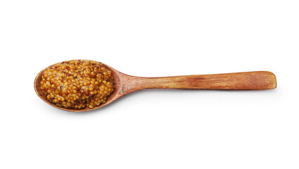 Whole grain mustard in spoon isolated on white, top view