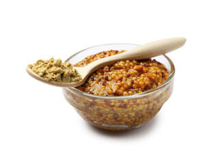 Whole grain mustard and powder isolated on white