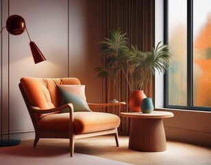 modern living room corner with plush armchair and wooden side table generative ai